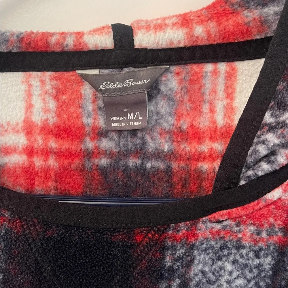 Eddie Bauer Fleece Red and Black Plaid Poncho with hood/pocket